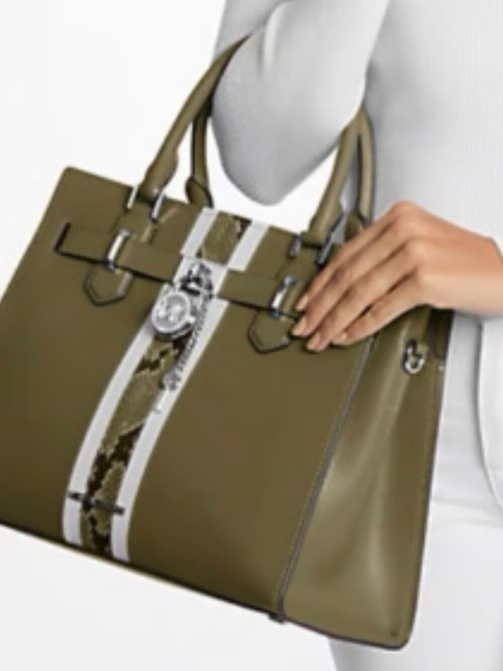 Michael Kors Olive Hamilton Medium Leather & Snake Embossed Stripe Satchel - Picture 3 of 7